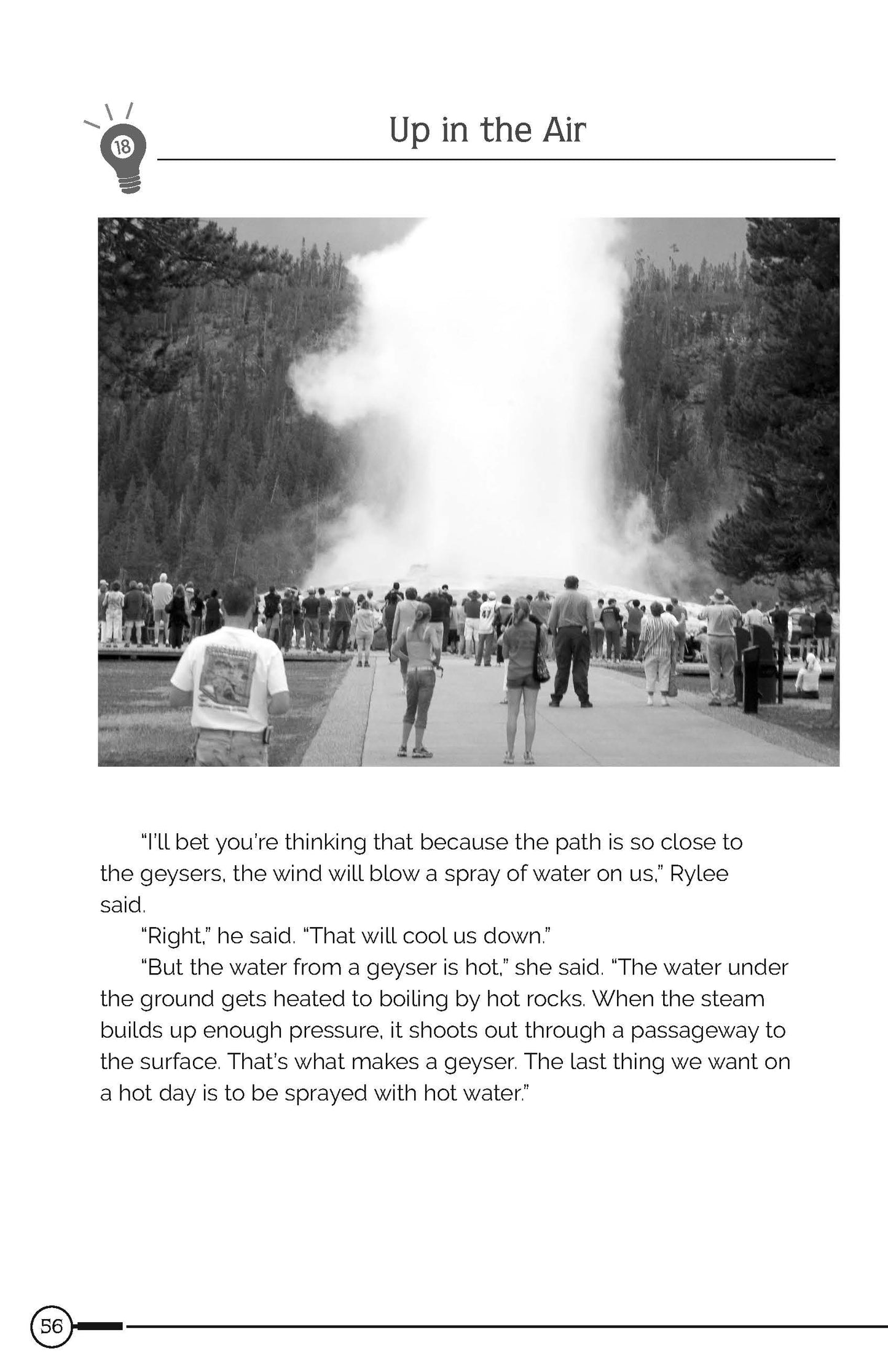 Black and white photo of a geyser with people observing, text overlay on a white background