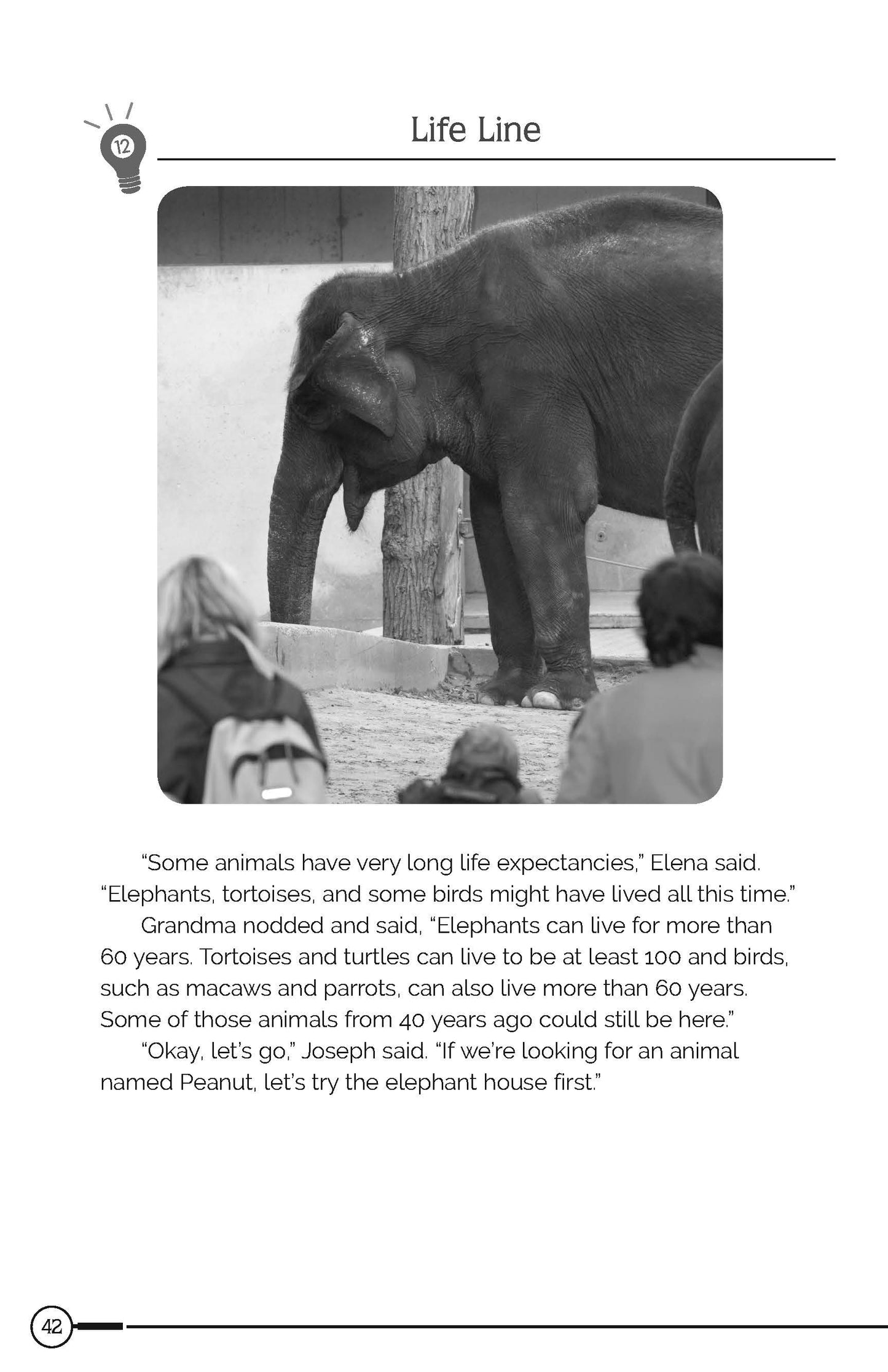 Black and white photo of an elephant with people around, text about animal lifespans below.