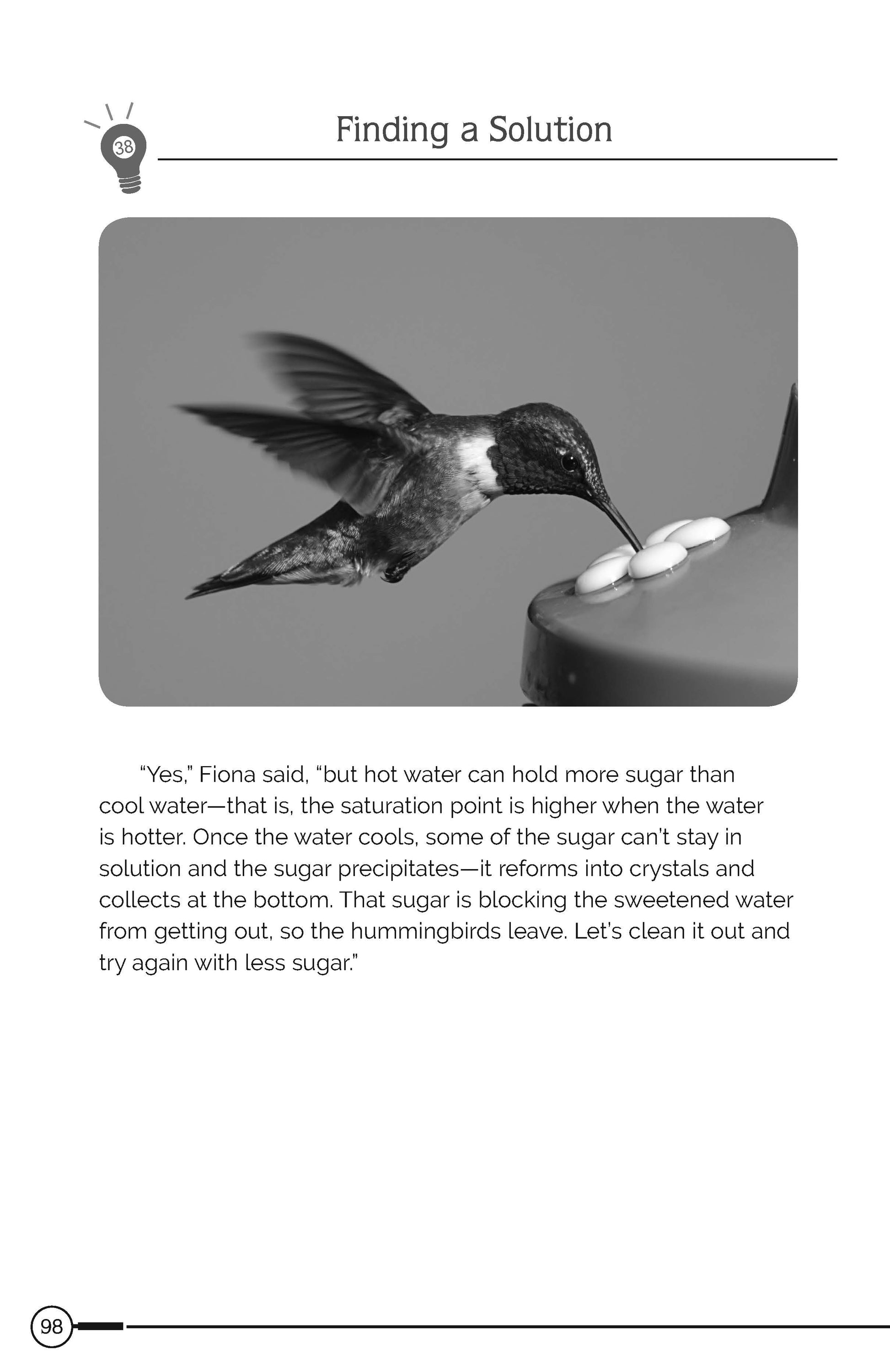 Hummingbird drinking from a feeder with seeds, text about finding a solution.