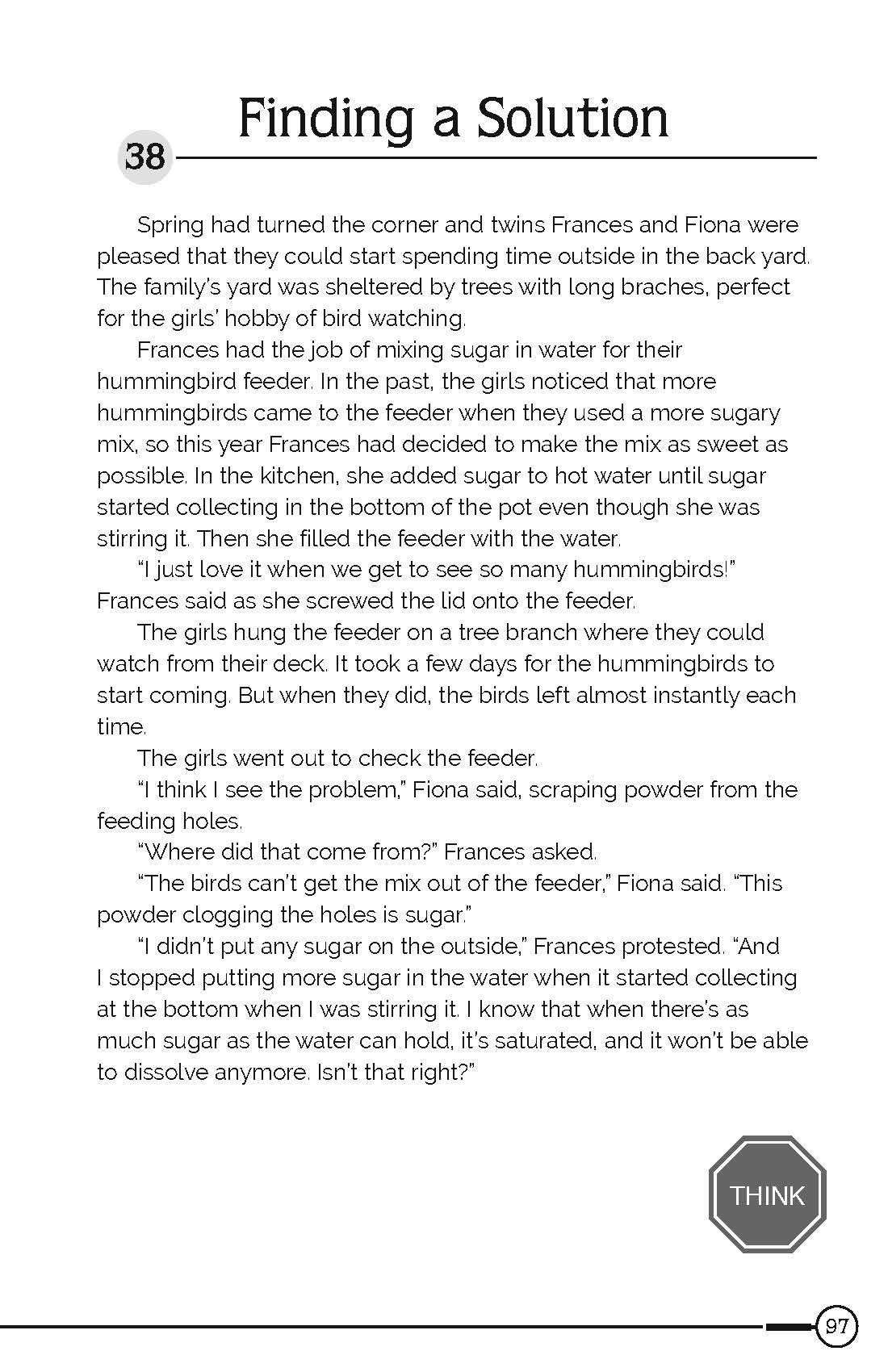 Page from a book or document with text about bird watching and solving a problem related to hummingbird feeders.