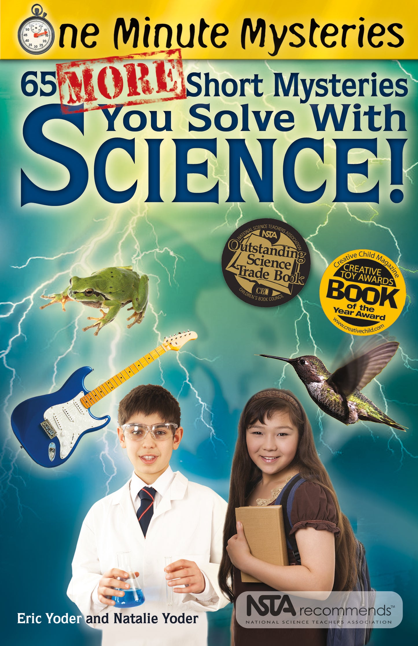 Book cover of '65 More Short Mysteries You Solve with Science!' featuring two children and a frog, guitar, and hummingbird illustration.